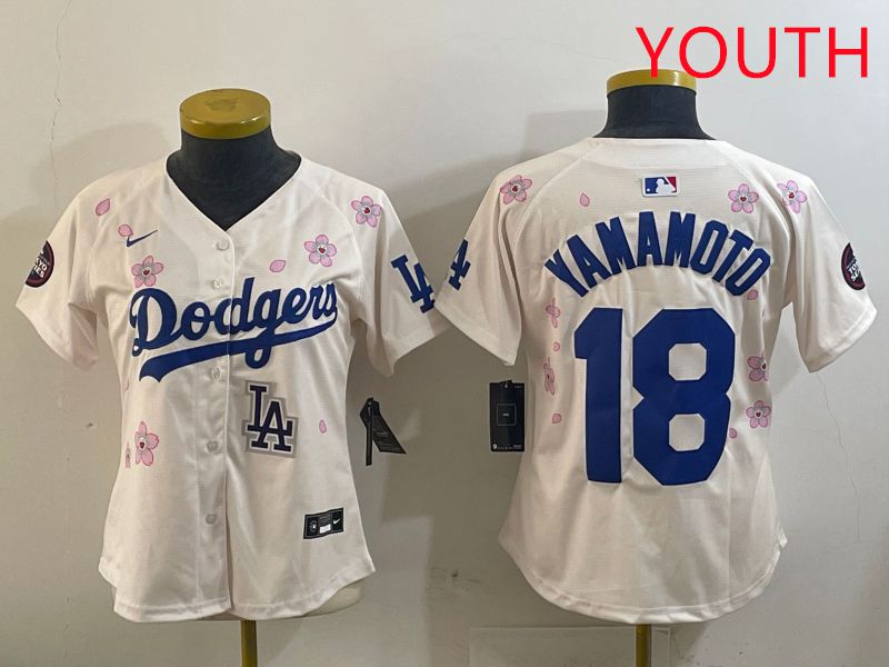 Youth Los Angeles Dodgers #18 Yamamoto Cream Sakura Edition 2025 Nike MLB Jersey style 17